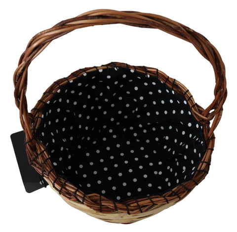 Beige wood and wicker rattan tote bag with leather handles, stylish Dolce & Gabbana accessory for casual or summer outings.