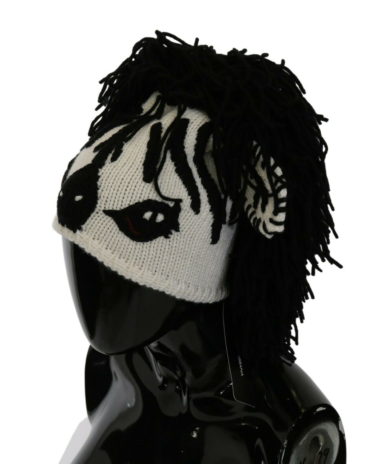 Black and white knitted cashmere animal design hat by Dolce & Gabbana, featuring playful animal embroidery and cozy knit texture.