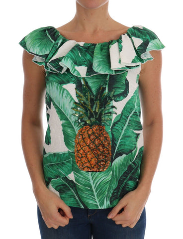 Dolce & Gabbana pineapple and banana sequins blouse, stylish T-shirt with vibrant fruit embroidery on front.