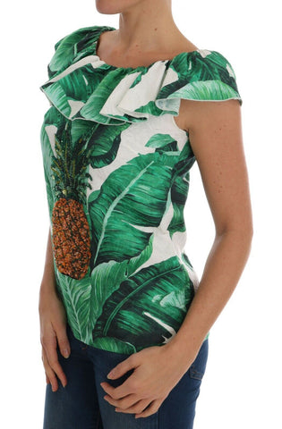 Dolce & Gabbana pineapple and banana sequins blouse T-shirt with colorful fruit embroidery on white fabric.