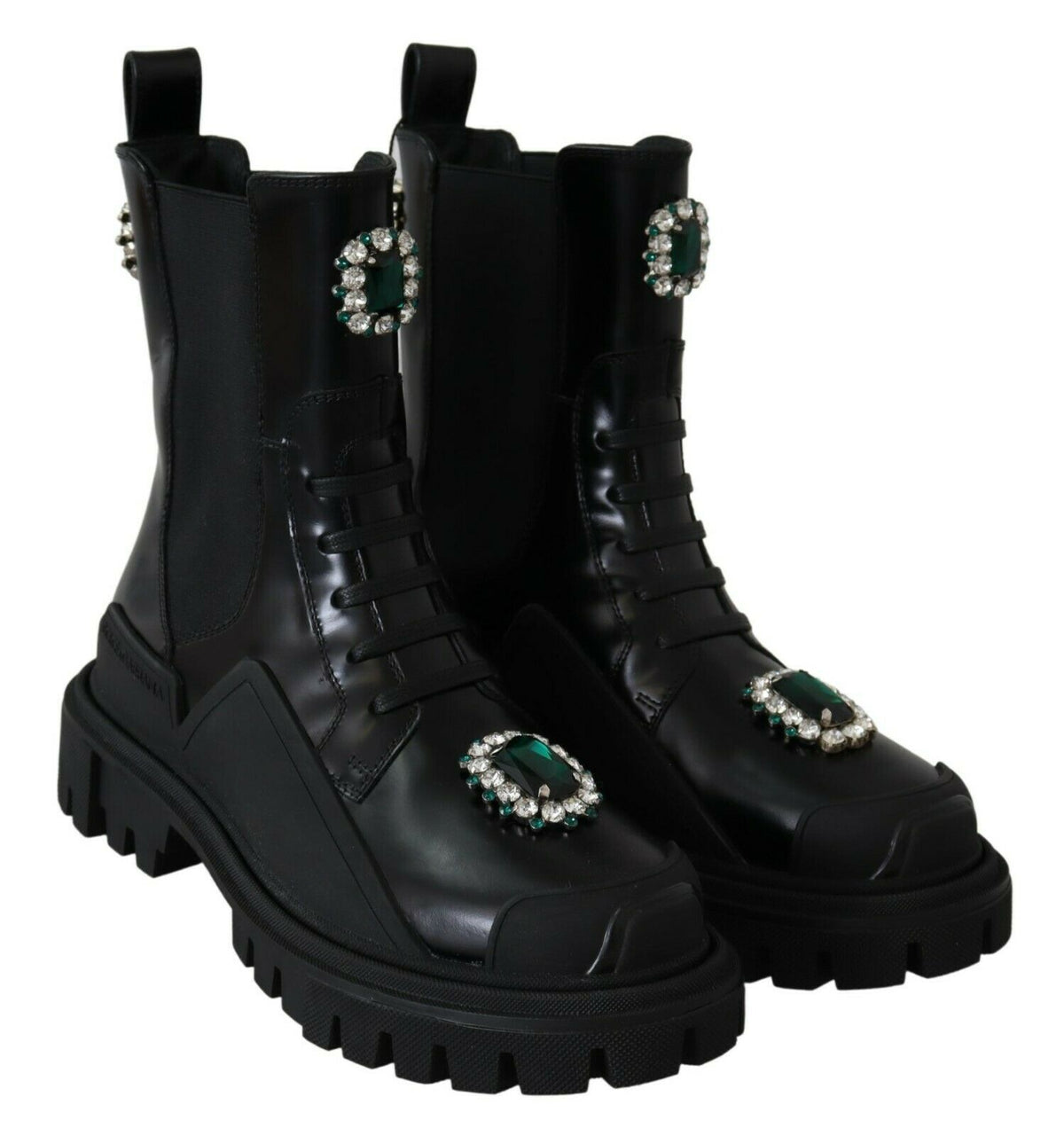 Black leather combat boots with crystal embellishments from Dolce & Gabbana, featuring sturdy soles and lace-up design.