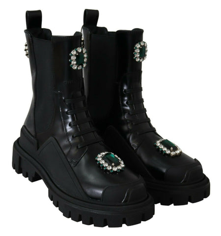 Black leather combat boots with crystal embellishments from Dolce & Gabbana, featuring sturdy soles and lace-up design.