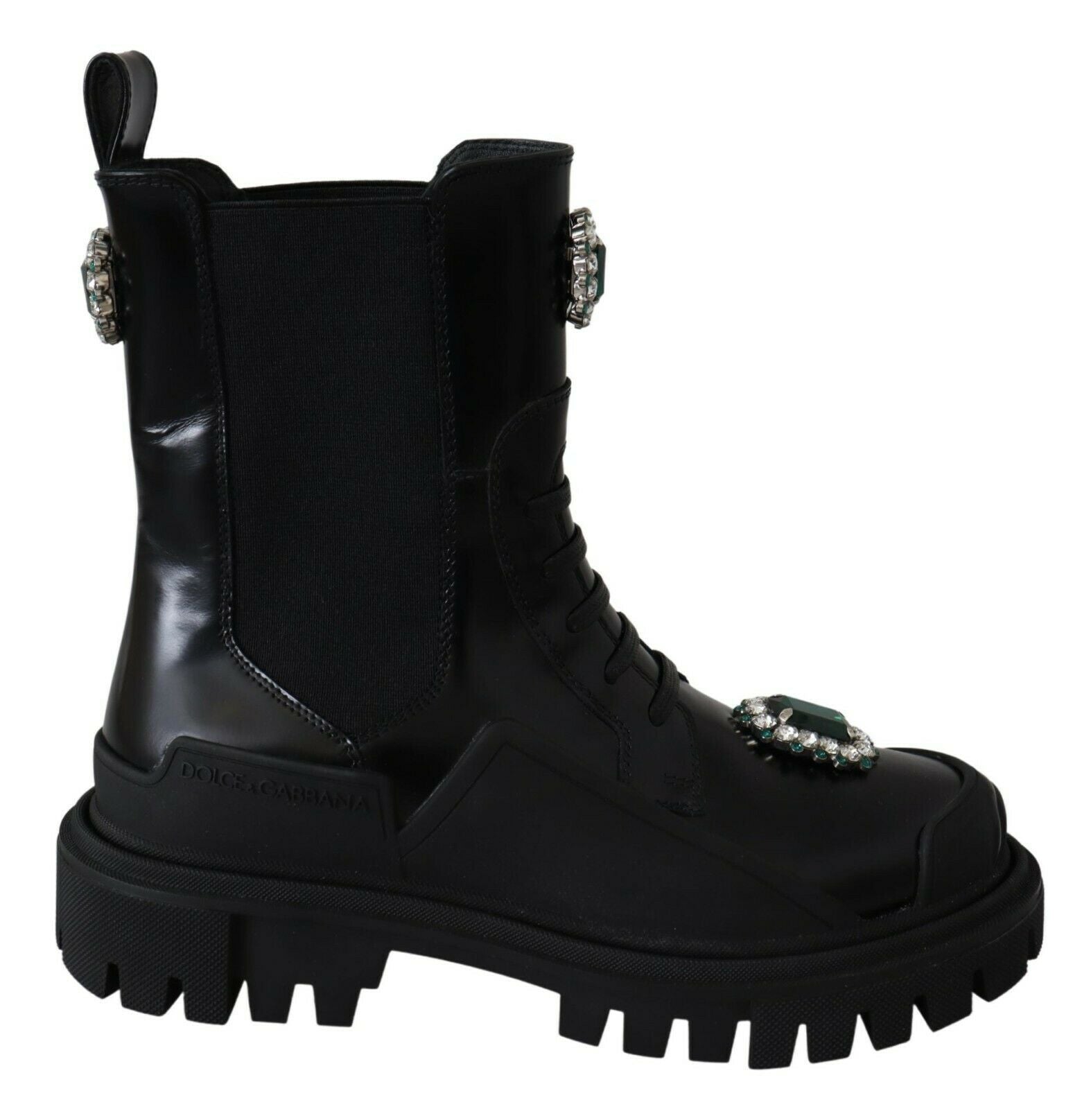 Black leather combat boots with crystal embellishments from Dolce & Gabbana, featuring rugged soles and stylish lacing.
