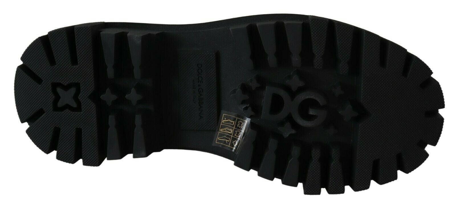 Black leather combat boots with crystal embellishments by Dolce & Gabbana, featuring rugged soles and lace-up design.