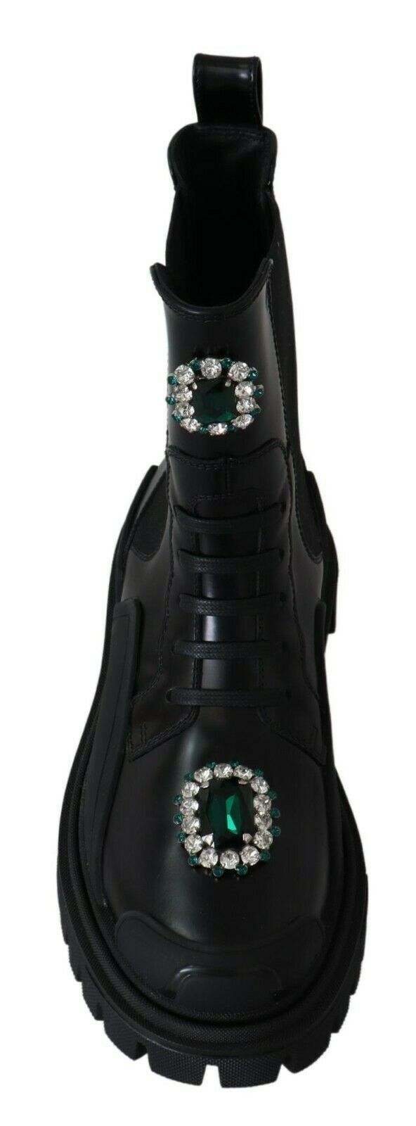 Black leather combat boots with crystal embellishments by Dolce & Gabbana, featuring rugged soles and lace-up design.