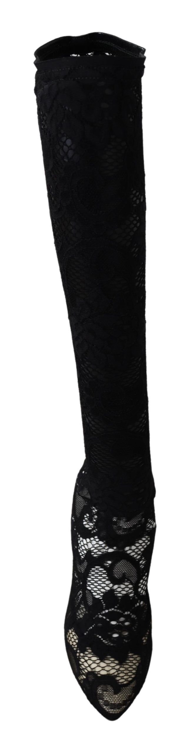 Black Taormina lace sock boots by Dolce & Gabbana featuring a sleek design and pointed pumps with lace detailing.