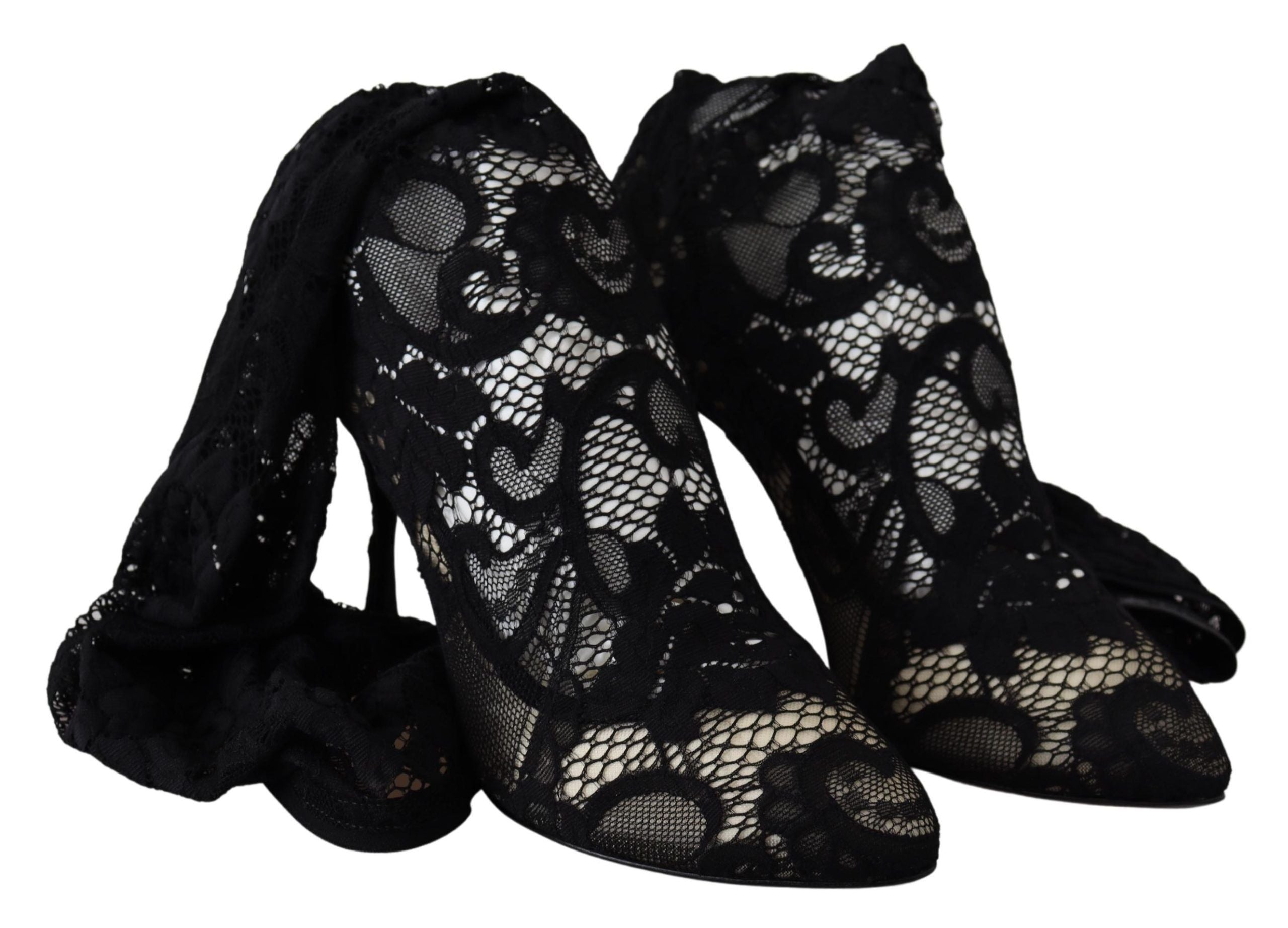 Black Taormina lace socks boots by Dolce & Gabbana featuring lace detailing and chunky heel, showcasing elegant footwear style.