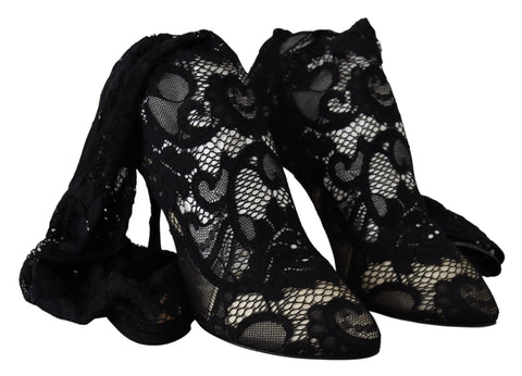 Black Taormina lace socks boots by Dolce & Gabbana featuring lace detailing and chunky heel, showcasing elegant footwear style.