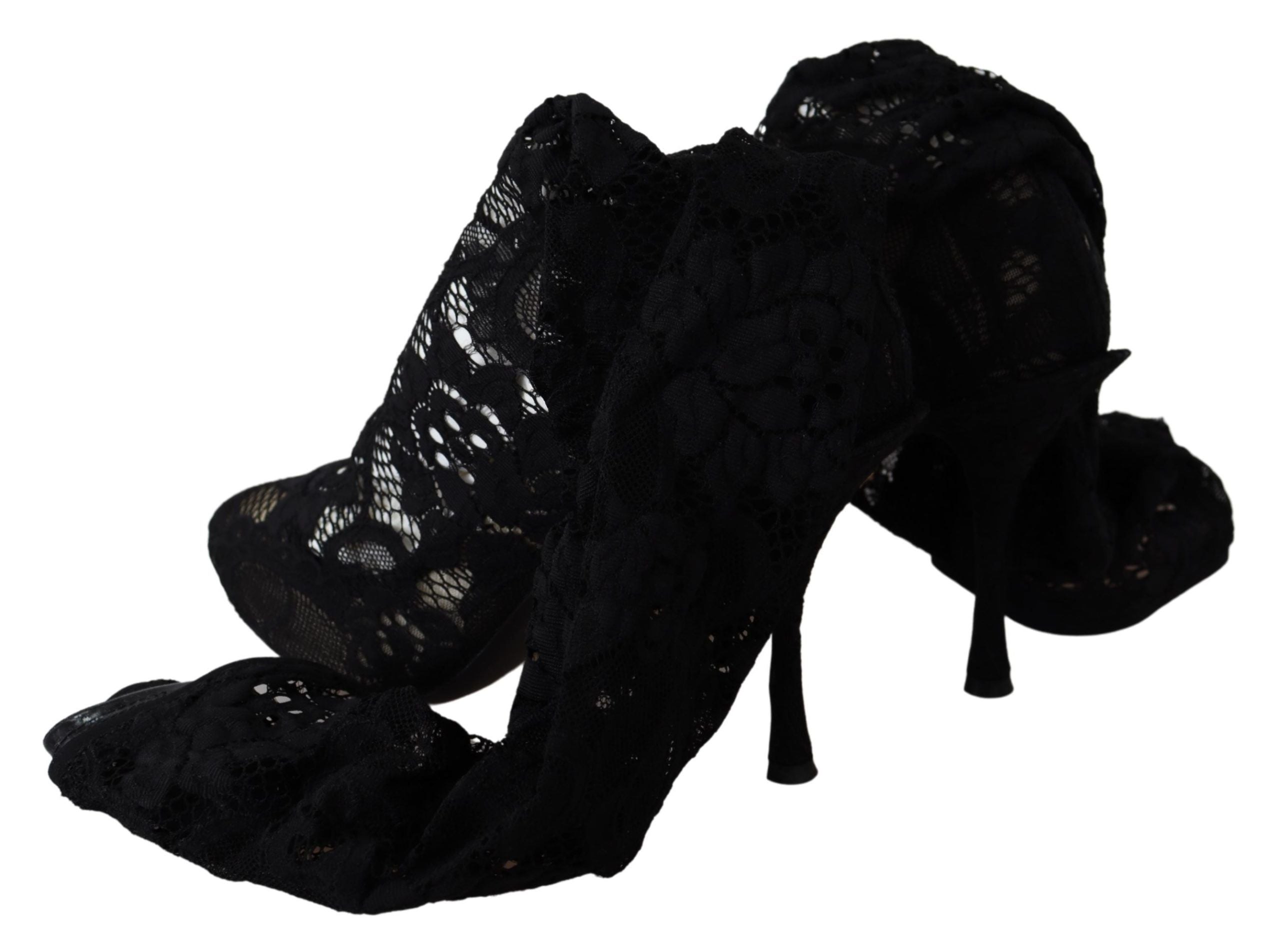 Black Taormina lace socks boots by Dolce & Gabbana, featuring lace detailing, sleek pumps design, and stylish ankle-high silhouette.