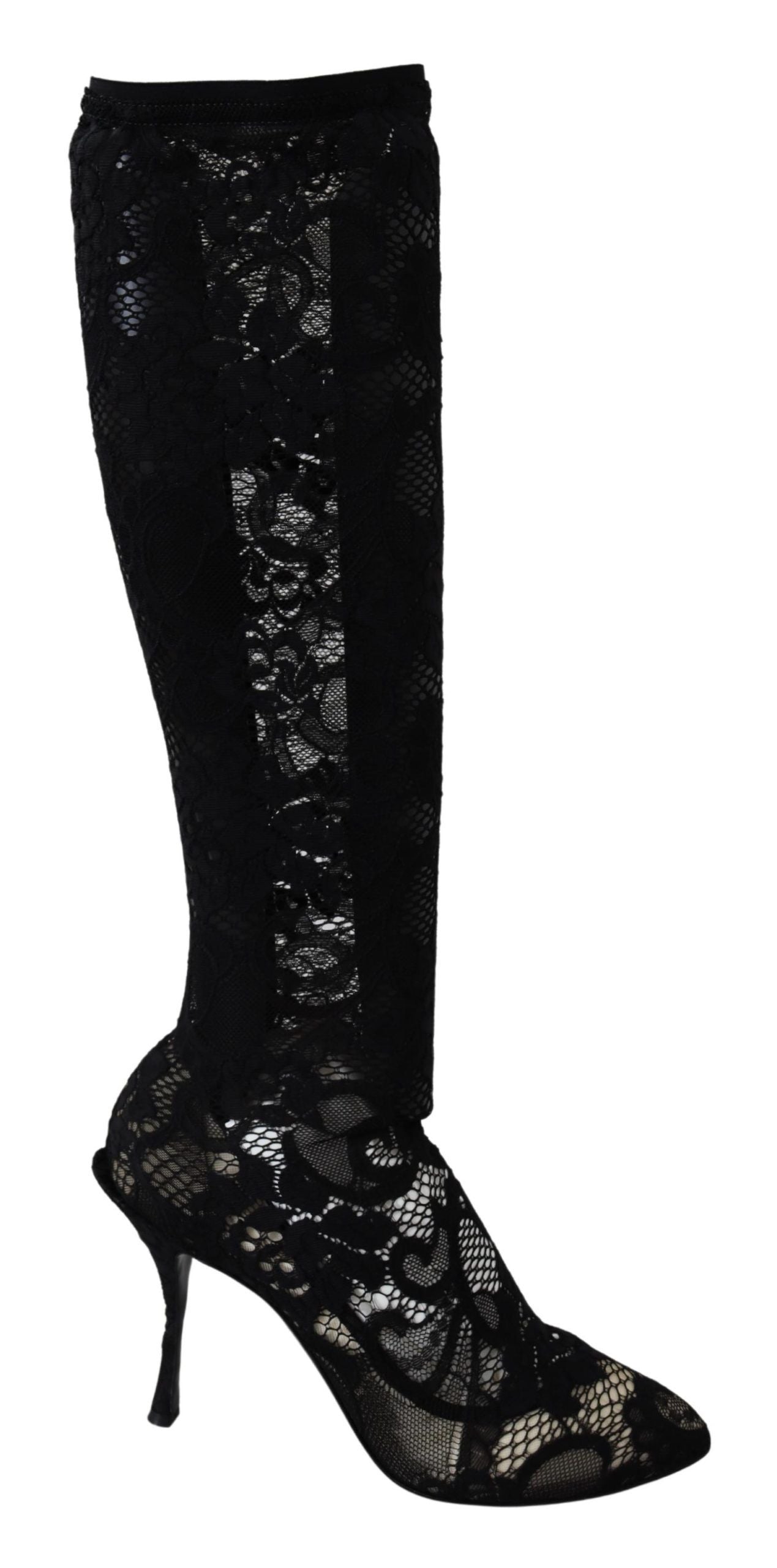 Black Taormina lace socks boots by Dolce & Gabbana featuring lace detail and sleek pump style.