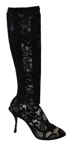 Black Taormina lace socks boots by Dolce & Gabbana featuring lace detail and sleek pump style.