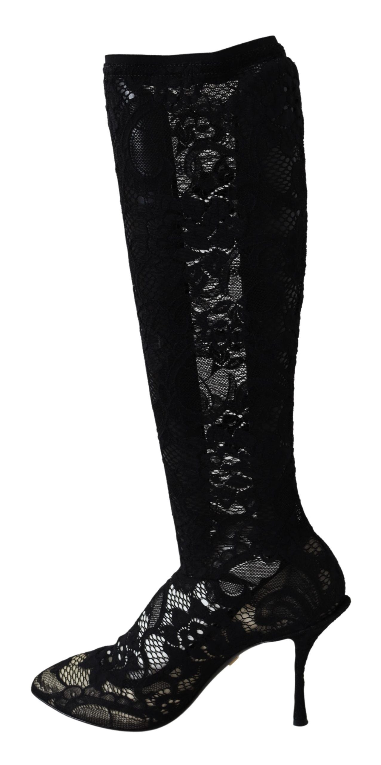 Black Taormina lace socks boots by Dolce & Gabbana featuring lace details and a stylish pump design.