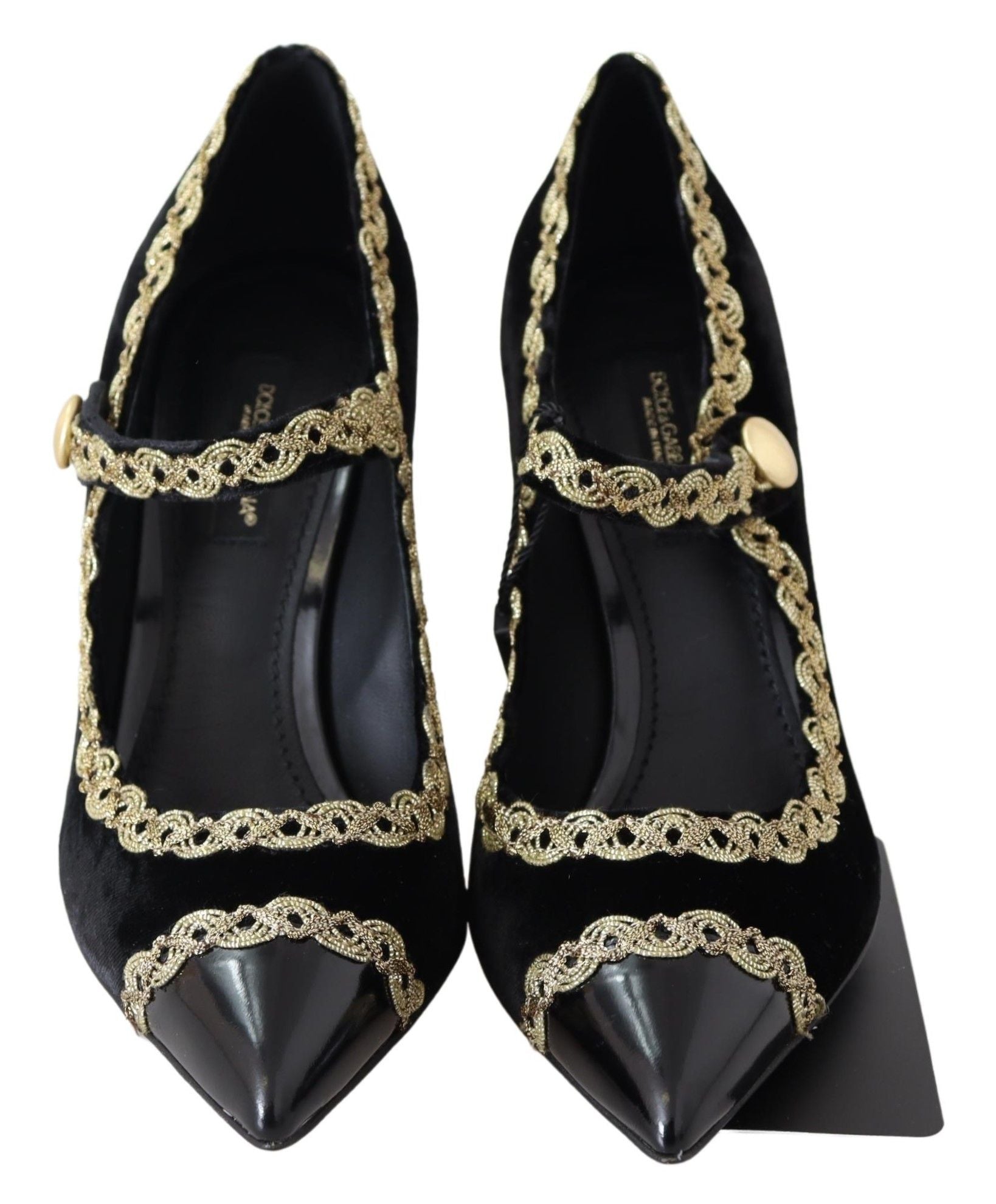 Black velvet Mary Jane pumps with gold accents by Dolce & Gabbana, featuring a classic strap and elegant design.