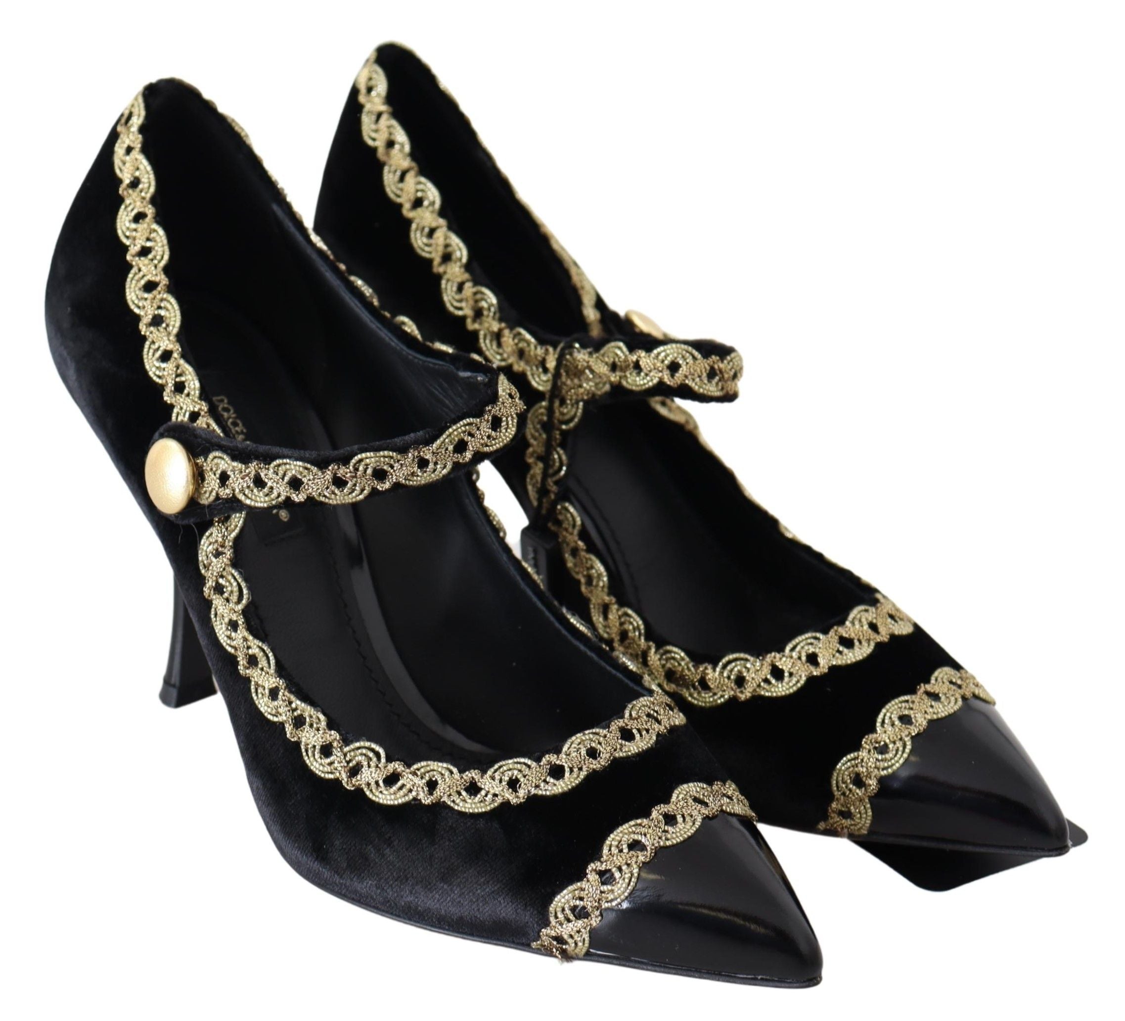 Black velvet Mary Jane pumps with gold accents from Dolce & Gabbana, featuring a classic strap design and stylish heel.