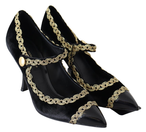 Black velvet Mary Jane pumps with gold accents from Dolce & Gabbana, featuring a classic strap design and stylish heel.