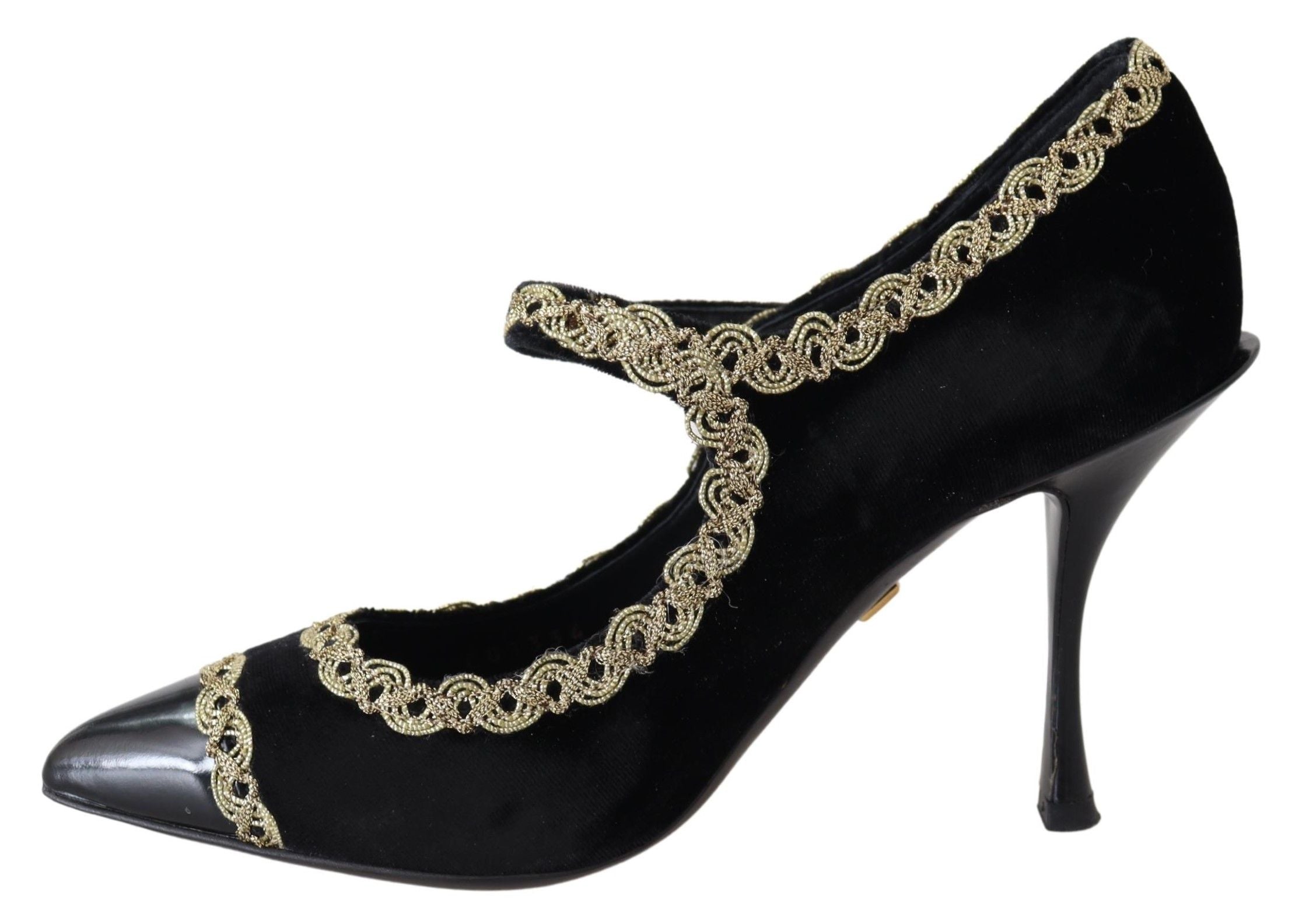 Black velvet Mary Jane pumps with gold accents by Dolce & Gabbana, featuring a classic strap and elegant design.