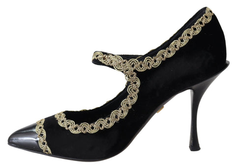 Black velvet Mary Jane pumps with gold accents by Dolce & Gabbana, featuring a classic strap and elegant design.