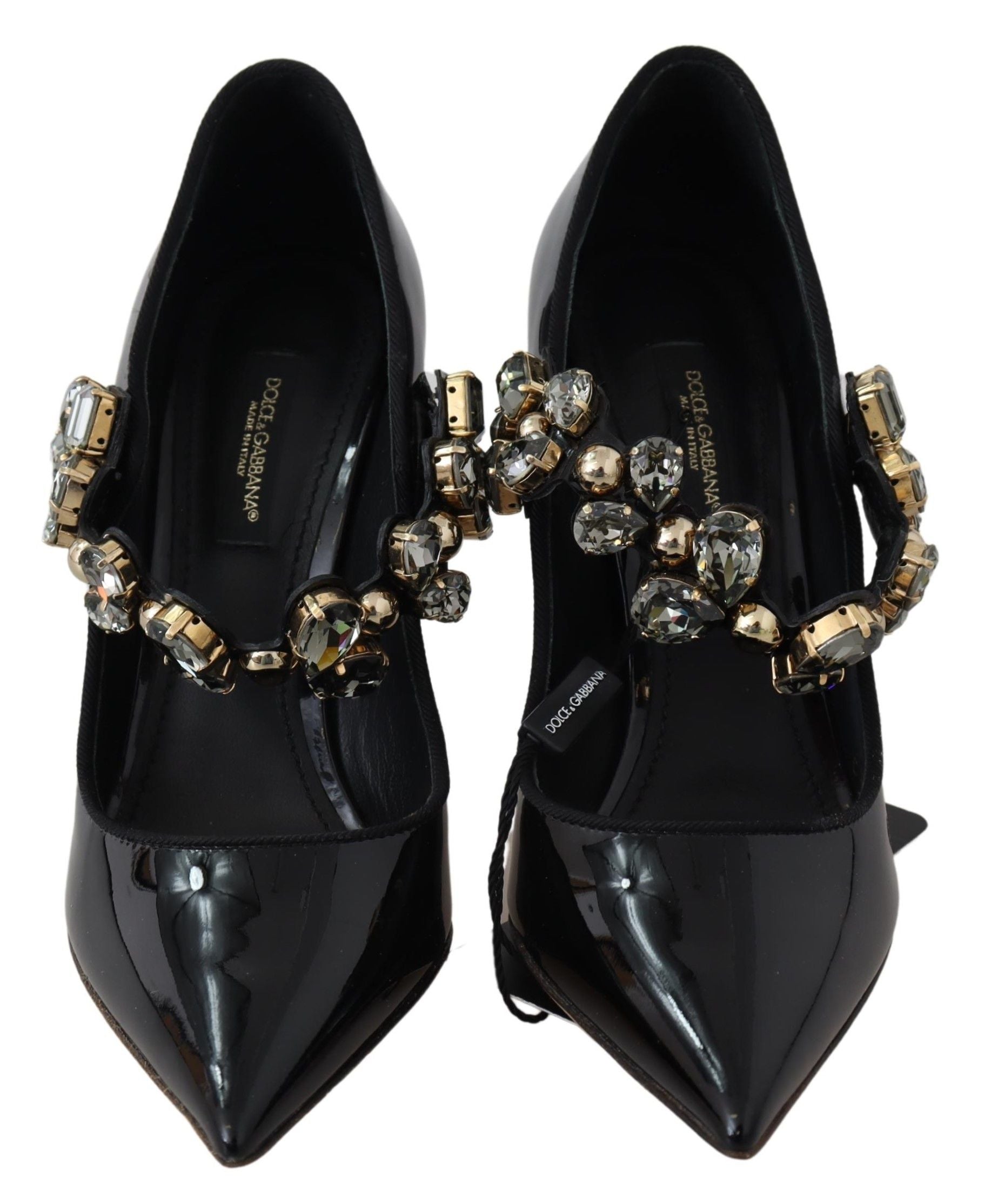 Black leather Mary Jane pumps with crystal embellishments by Dolce & Gabbana, featuring a classic strap and elegant design.