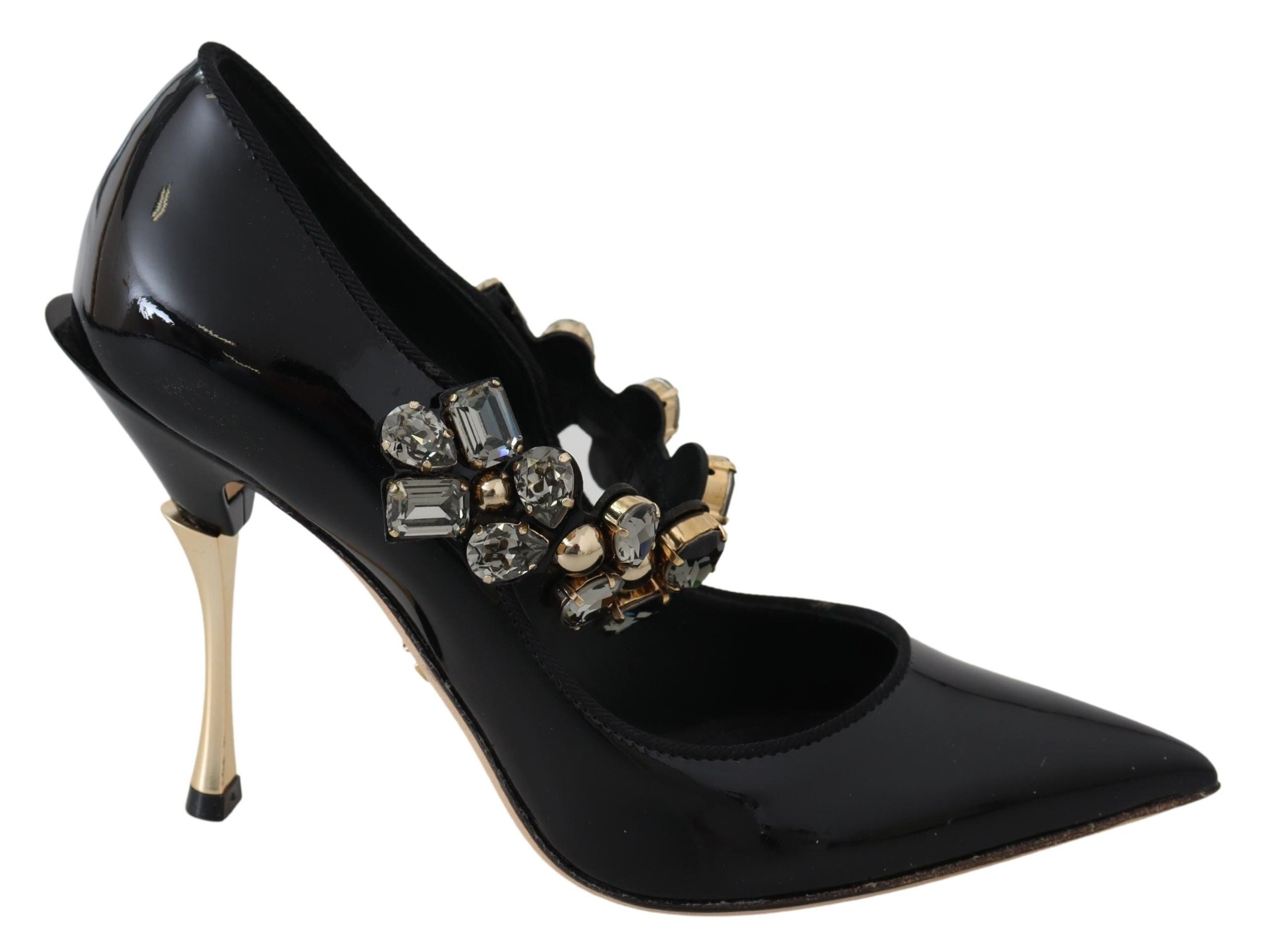 Black leather Mary Jane pumps with crystal embellishments by Dolce & Gabbana, featuring a classic shoe design with a stylish touch.