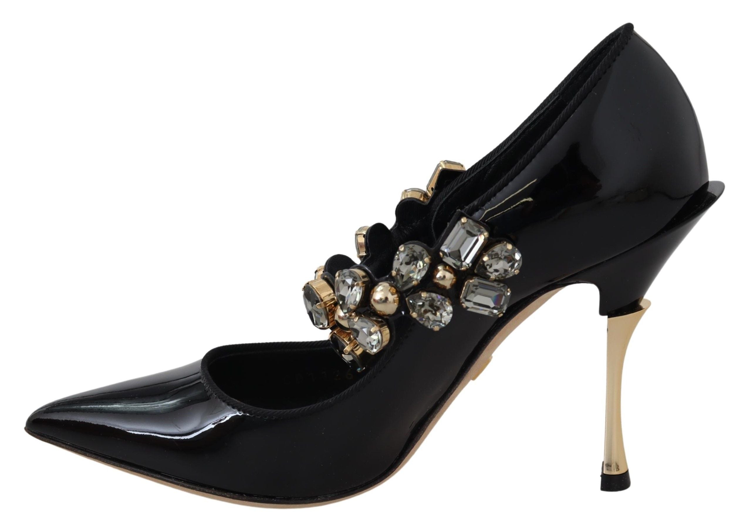 Black leather Mary Jane pumps with crystal embellishments by Dolce & Gabbana, featuring a classic design and elegant straps.