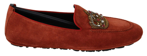Dolce & Gabbana orange leather crystal crown loafers shoes with decorative crown embellishments and slip-on style.