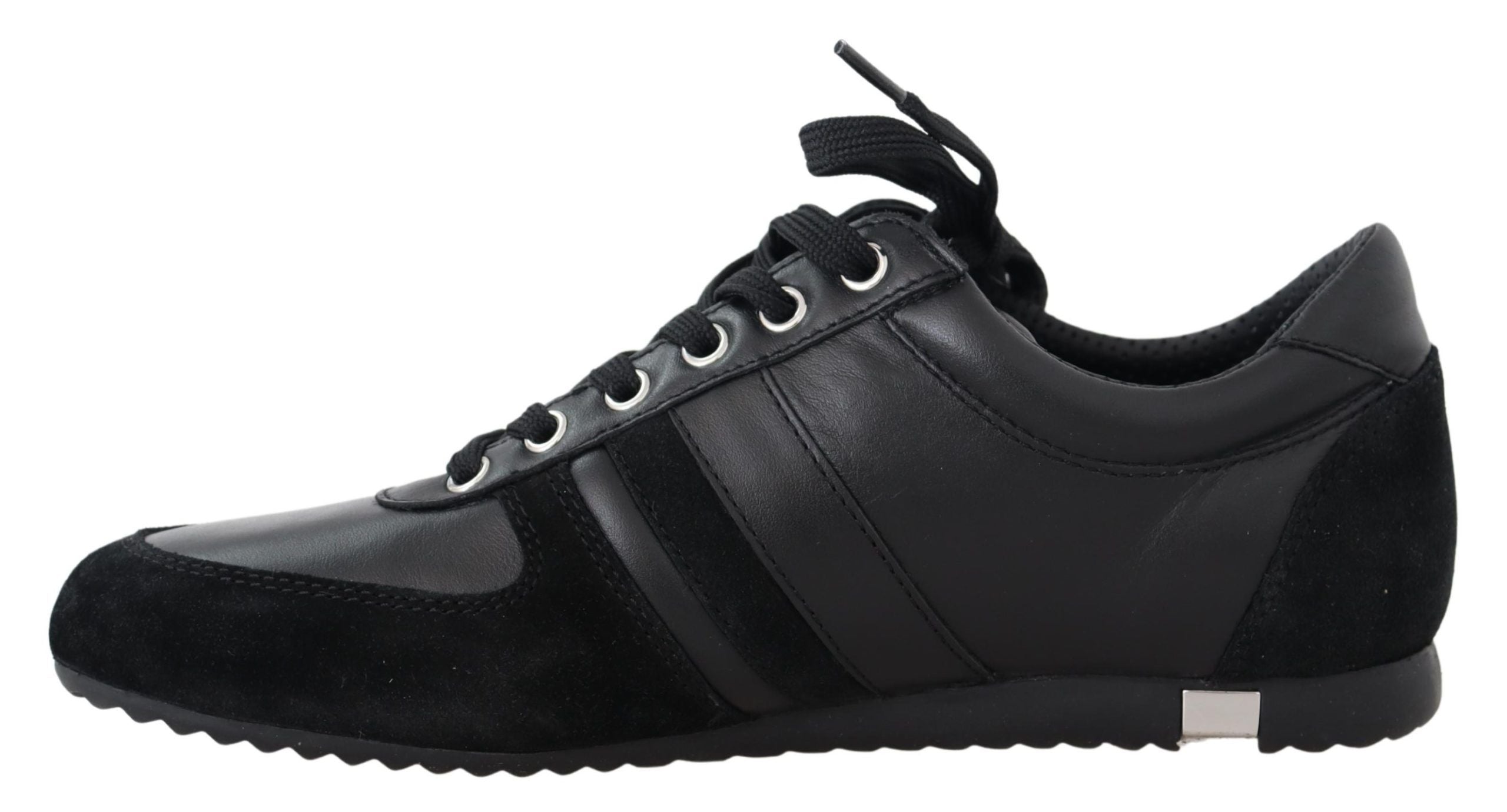 Black leather Dolce & Gabbana casual sneakers with logo detail and white rubber sole, stylish and comfortable footwear.