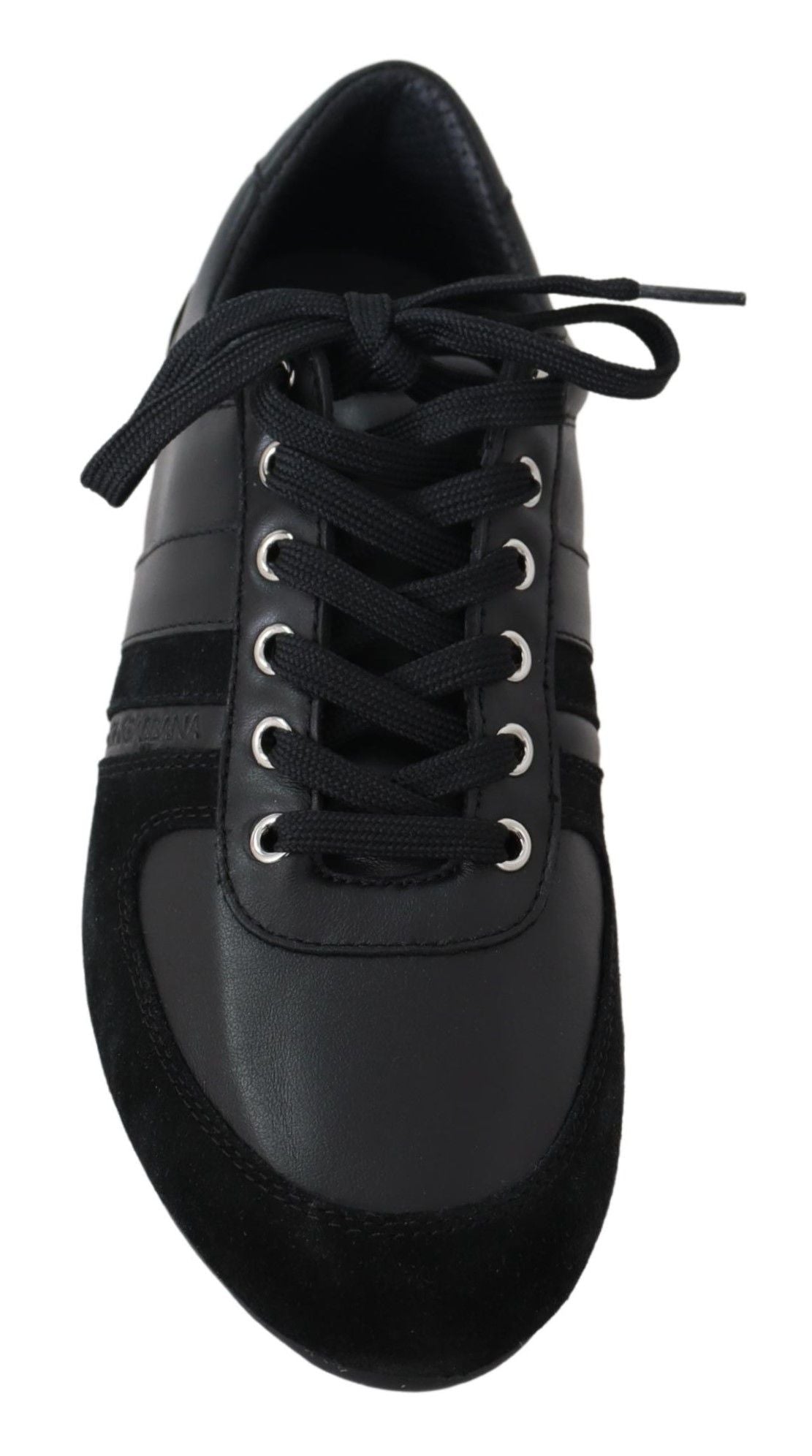 Black leather casual sneakers with Dolce & Gabbana logo, featuring a sleek design and comfortable rubber sole.