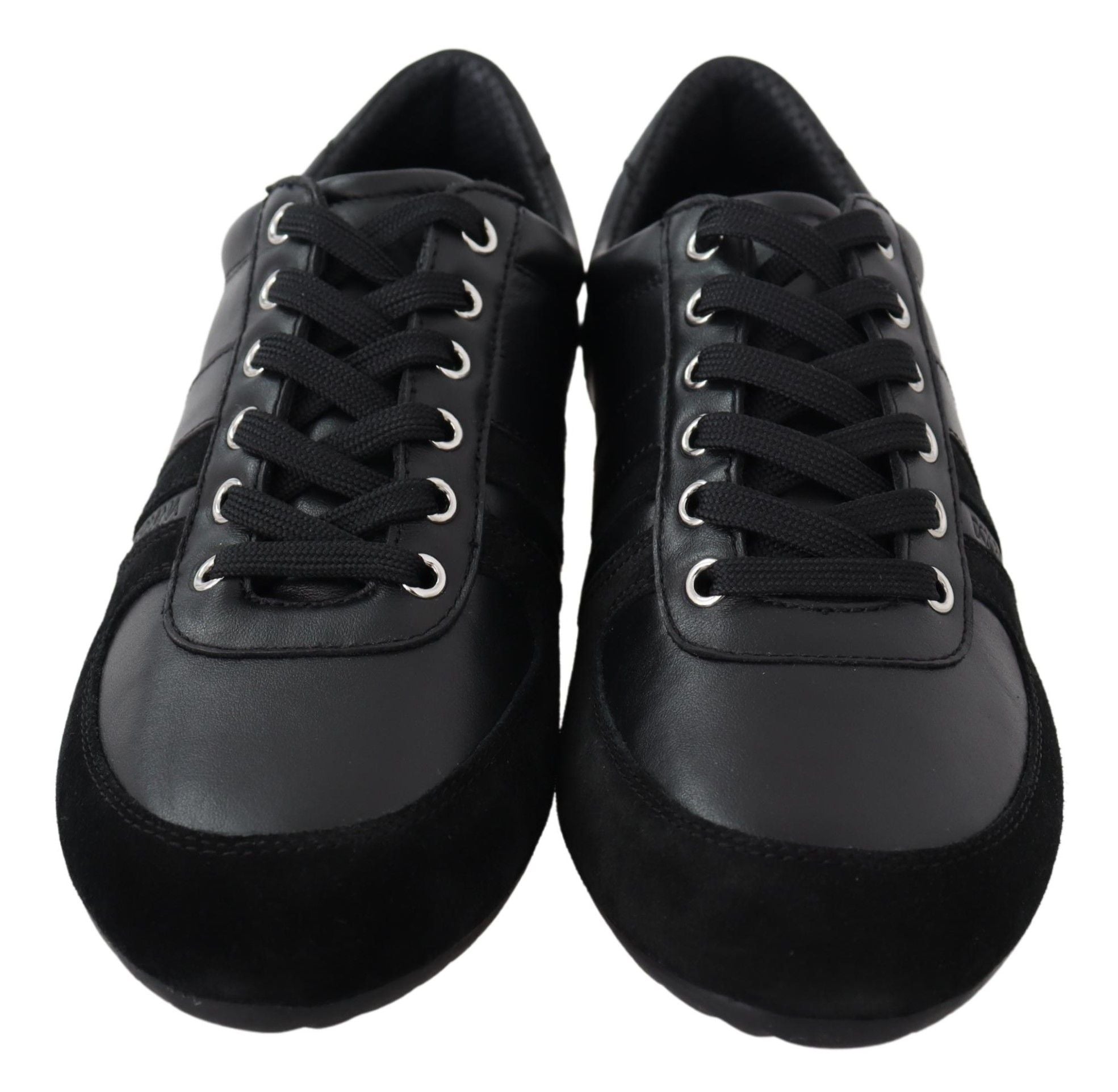 Black leather casual sneakers with Dolce & Gabbana logo, featuring a sleek design and white rubber sole.
