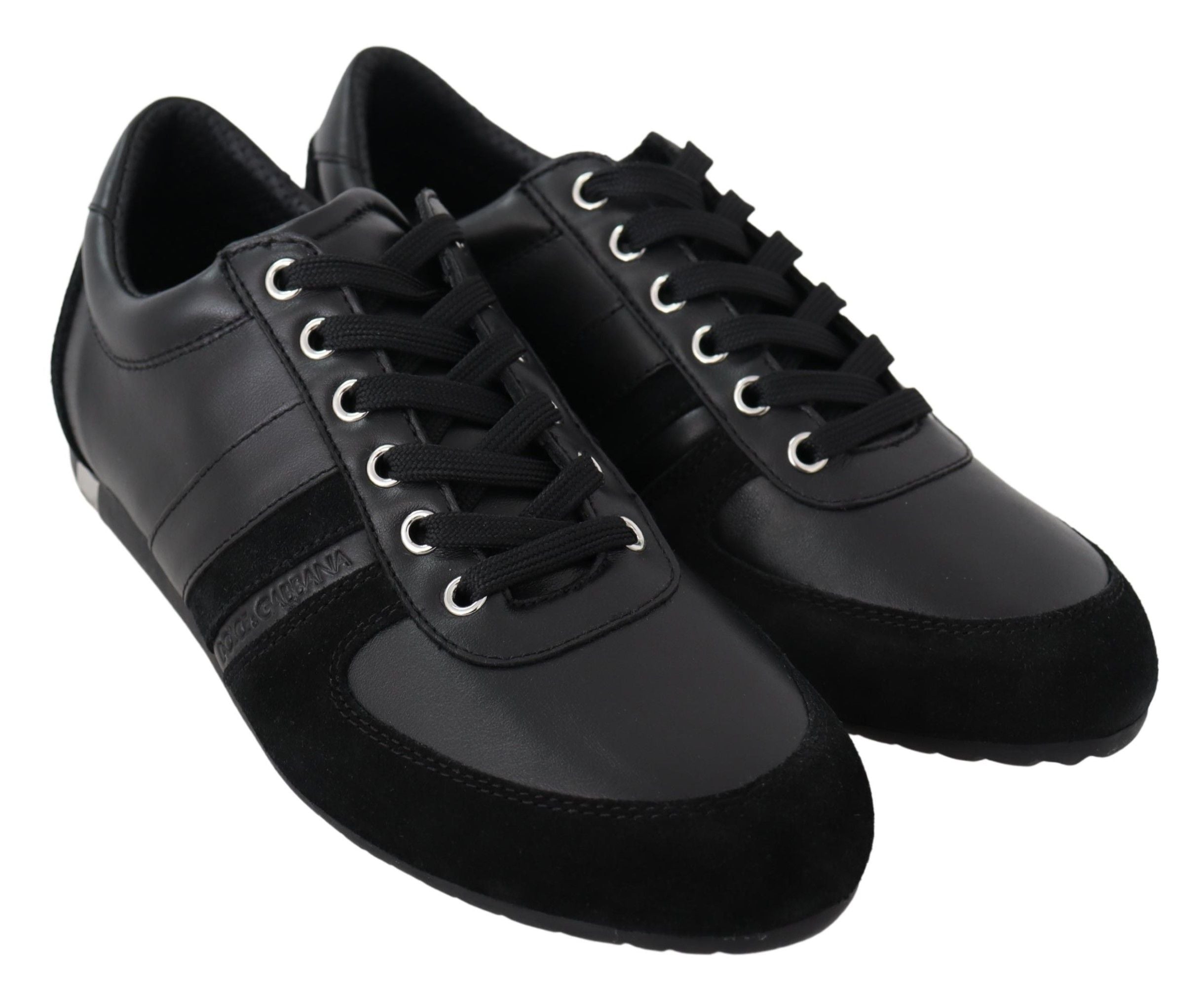 Black leather casual sneakers with Dolce & Gabbana logo, stylish slip-on shoes for everyday wear.