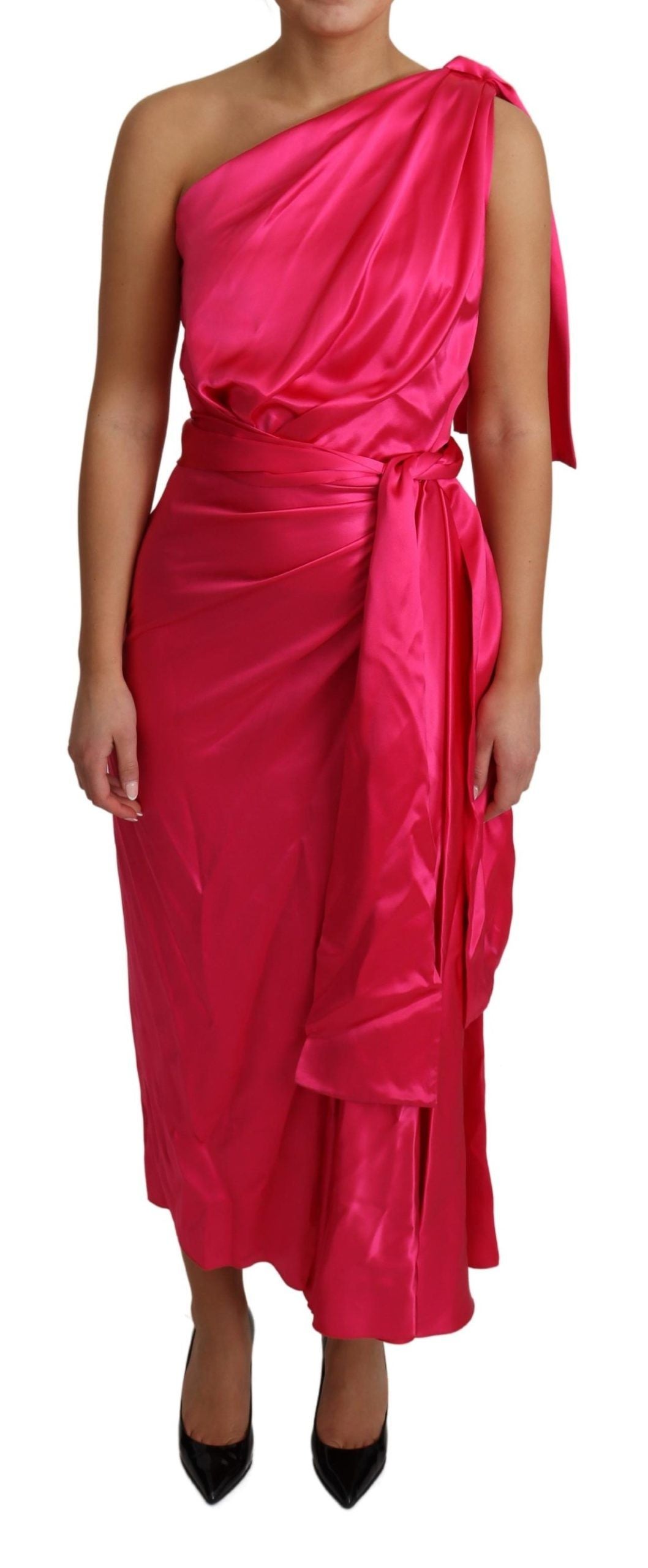 Pink fitted one-shoulder midi dress by Dolce & Gabbana, showcasing sleek design and elegant tailoring.