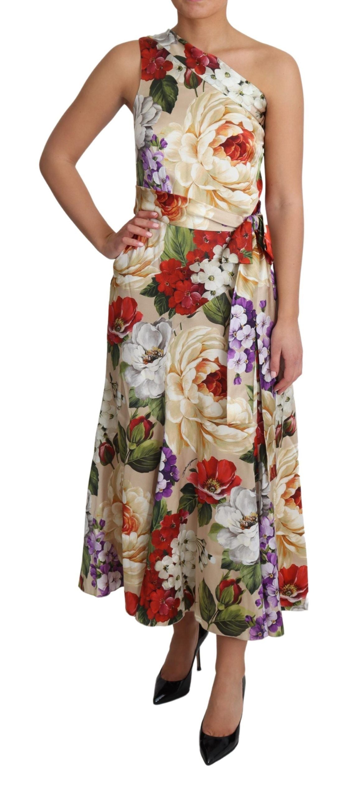 Dolce & Gabbana floral print silk stretch one-shoulder dress displayed on a hanger.