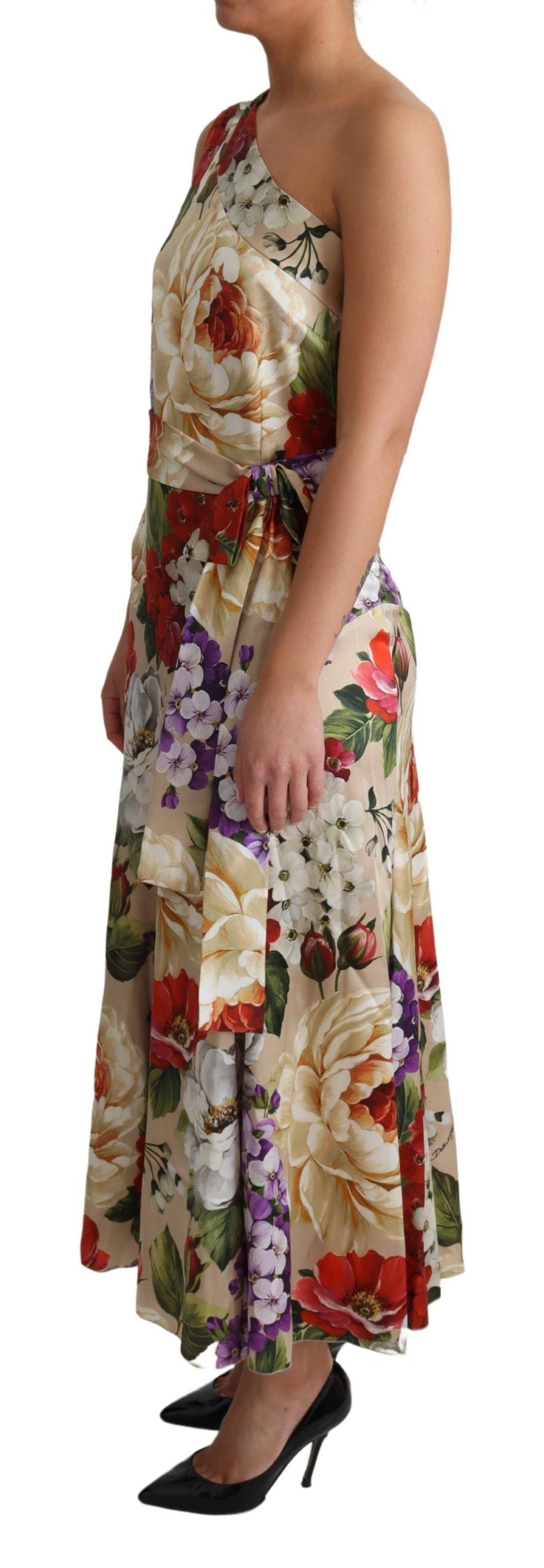 Dolce & Gabbana floral print silk stretch one-shoulder dress displayed on a hanger.