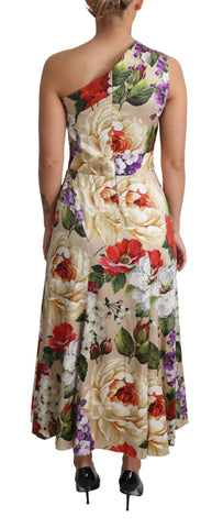 Dolce & Gabbana floral print silk stretch one-shoulder dress displayed on a hanger.