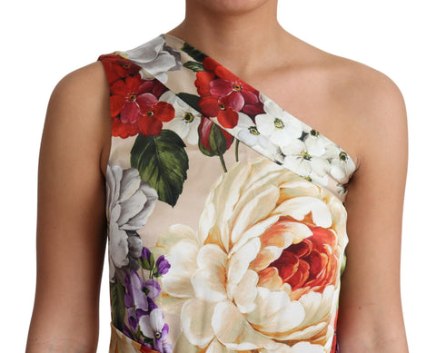 Dolce & Gabbana floral print silk stretch one-shoulder dress displayed on a model with elegant draping.