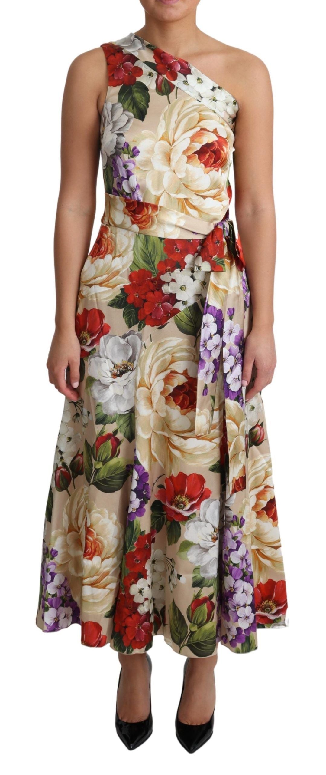 Silk floral one-shoulder dress by Dolce & Gabbana featuring vibrant print and elegant stretch fabric.