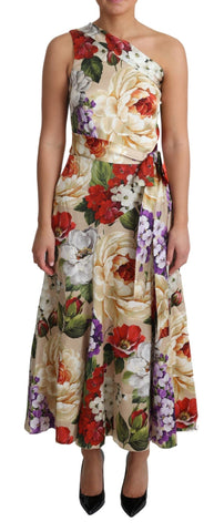 Silk floral one-shoulder dress by Dolce & Gabbana featuring vibrant print and elegant stretch fabric.