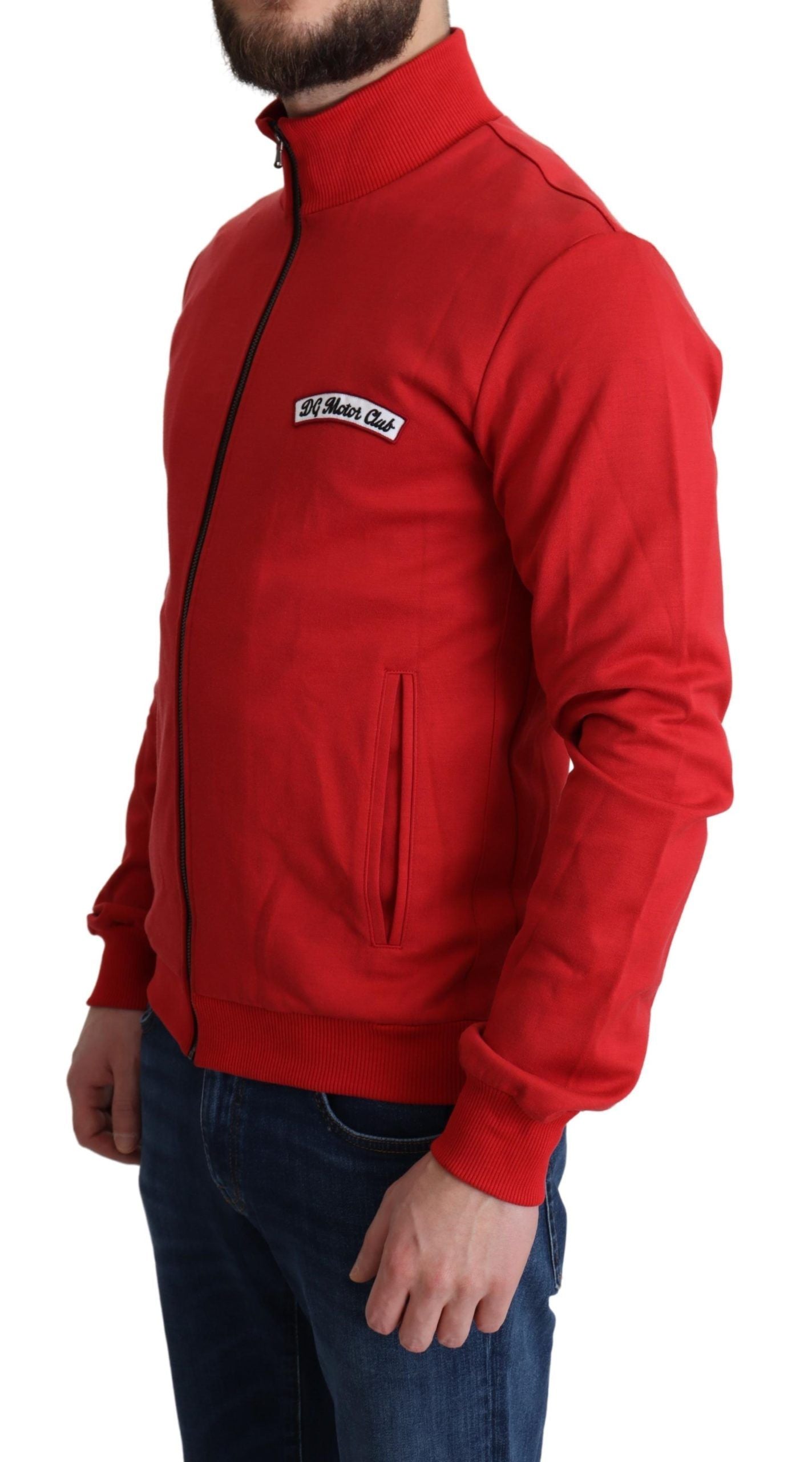 Red Dolce & Gabbana DG Motor Club zippered cardigan sweater, front view showing knit fabric and branded logo detail.