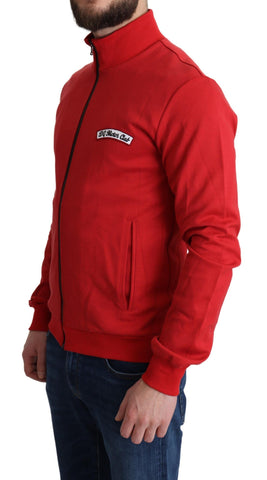 Red Dolce & Gabbana DG Motor Club zippered cardigan sweater, front view showing knit fabric and branded logo detail.
