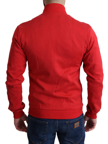 Red Dolce & Gabbana DG Motor Club zippered cardigan sweater with ribbed cuffs and collar, displayed on a hanger.