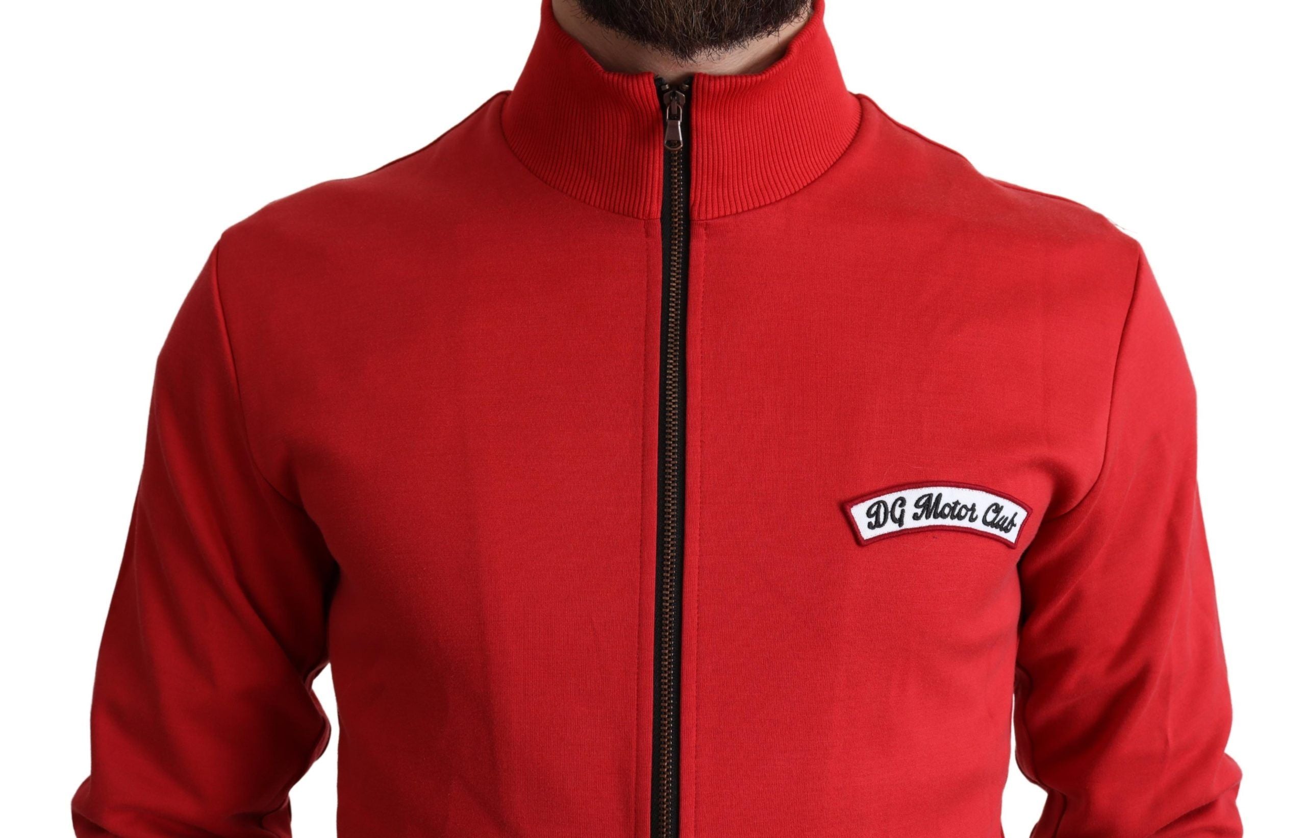 Red Dolce & Gabbana DG Motor Club zippered cardigan sweater with ribbed cuffs and collar, front zipper closure, and logo detail.