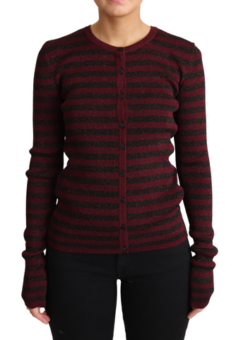 Black and red striped viscose cardigan sweater by Dolce & Gabbana with a relaxed fit and button-front closure.