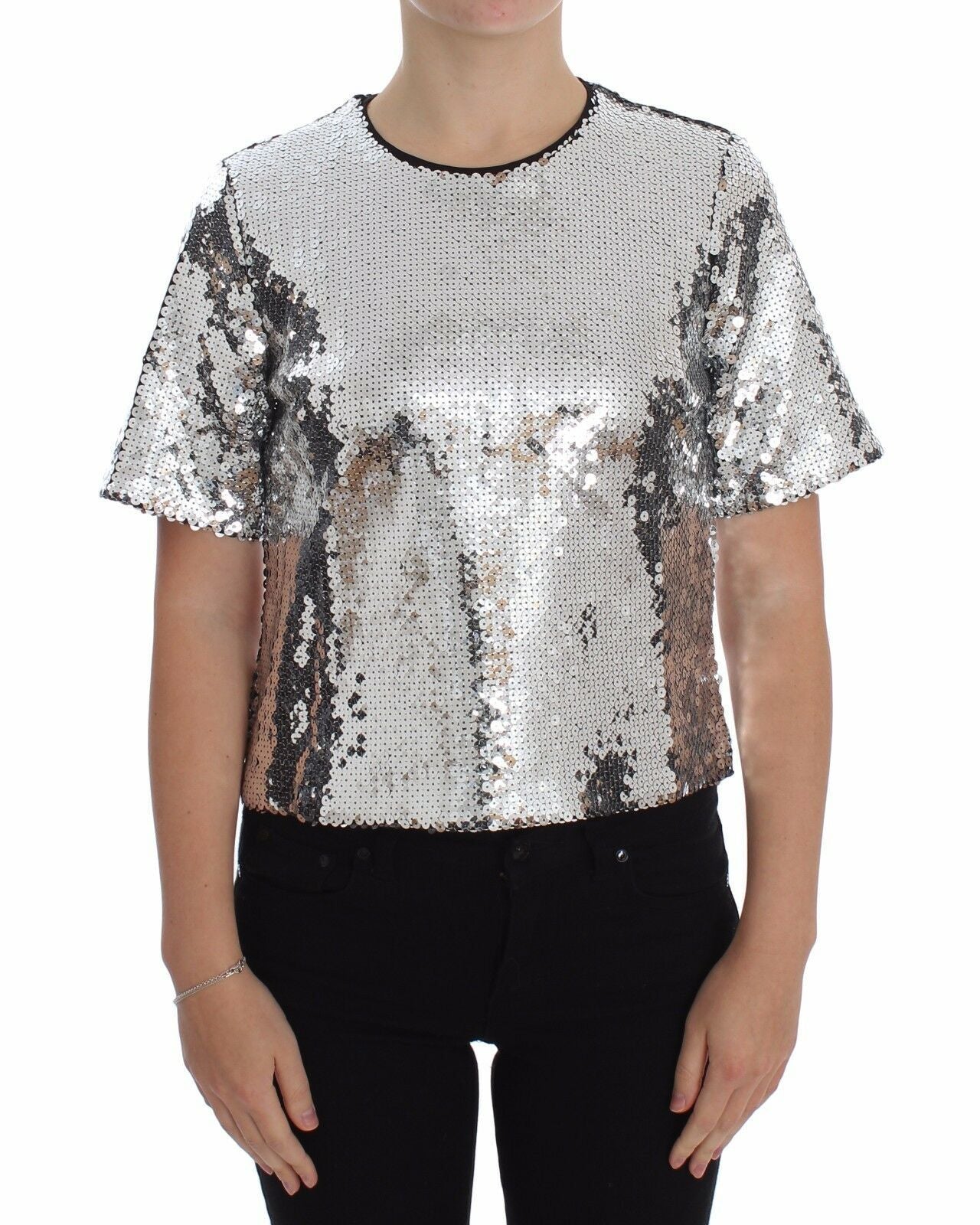 Silver sequined crewneck blouse by Dolce & Gabbana featuring a shiny, embellished T-shirt top with long sleeves and a relaxed fit.
