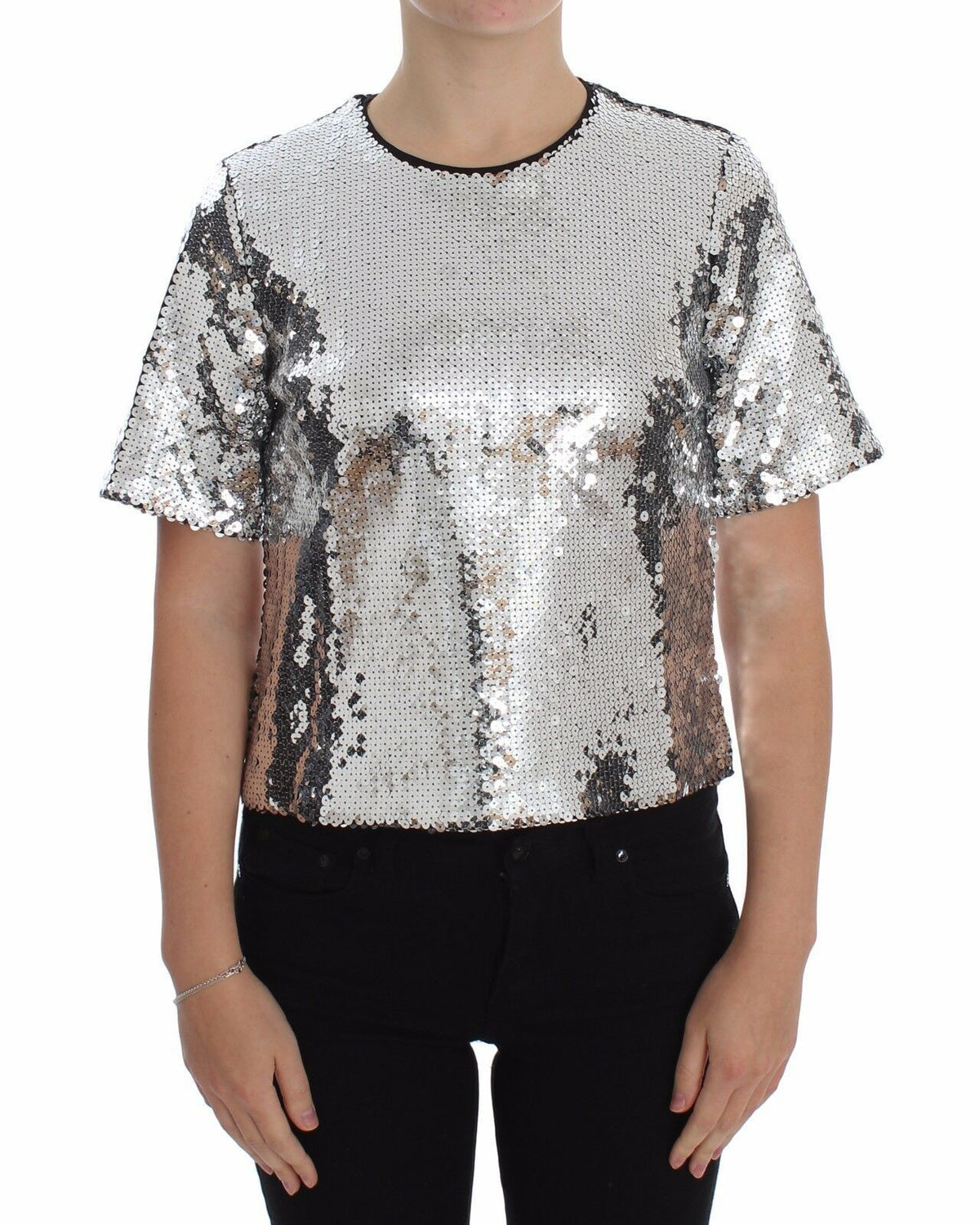 Silver sequined crewneck blouse by Dolce & Gabbana featuring a shiny, embellished T-shirt top with long sleeves and a relaxed fit.