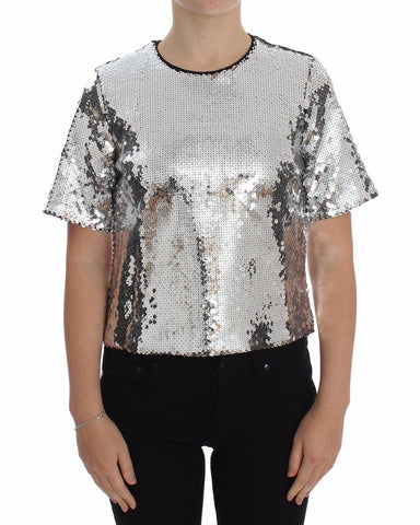 Silver sequined crewneck blouse by Dolce & Gabbana featuring a shiny, embellished T-shirt top with long sleeves and a relaxed fit.