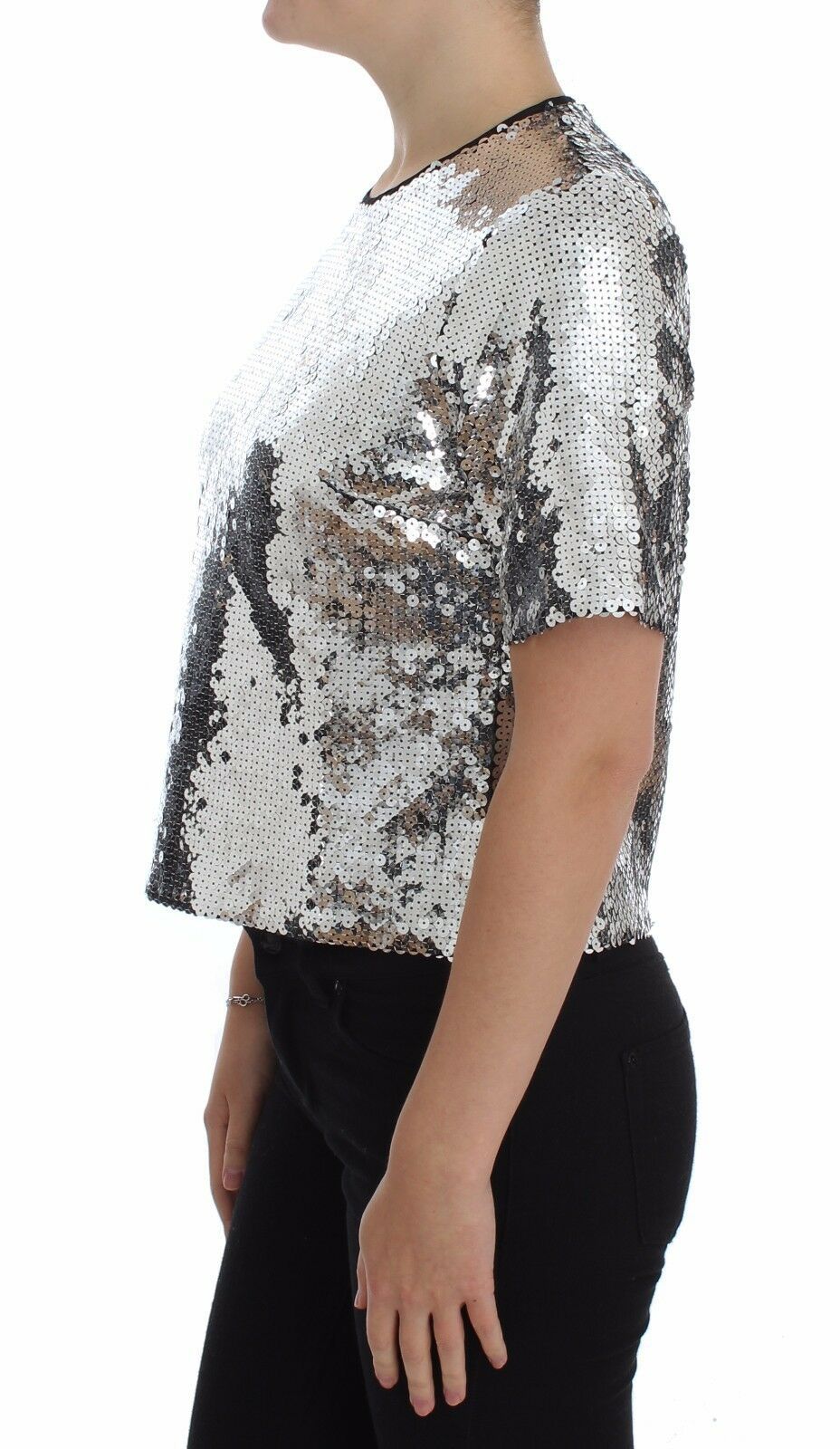 Silver sequined crewneck blouse by Dolce & Gabbana, featuring a shiny, embellished T-shirt top with long sleeves and a relaxed fit.