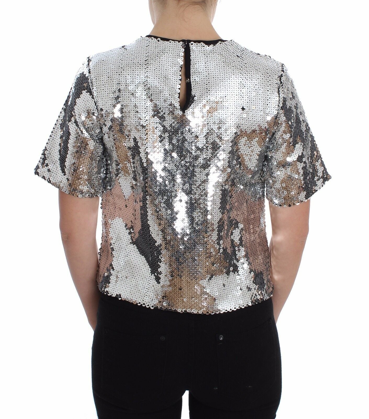 Silver sequined crewneck blouse by Dolce & Gabbana, featuring a shiny, stylish top with long sleeves and a relaxed fit.