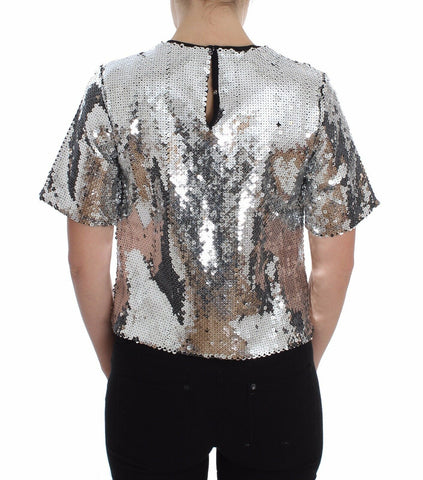 Silver sequined crewneck blouse by Dolce & Gabbana, featuring a shiny, stylish top with long sleeves and a relaxed fit.