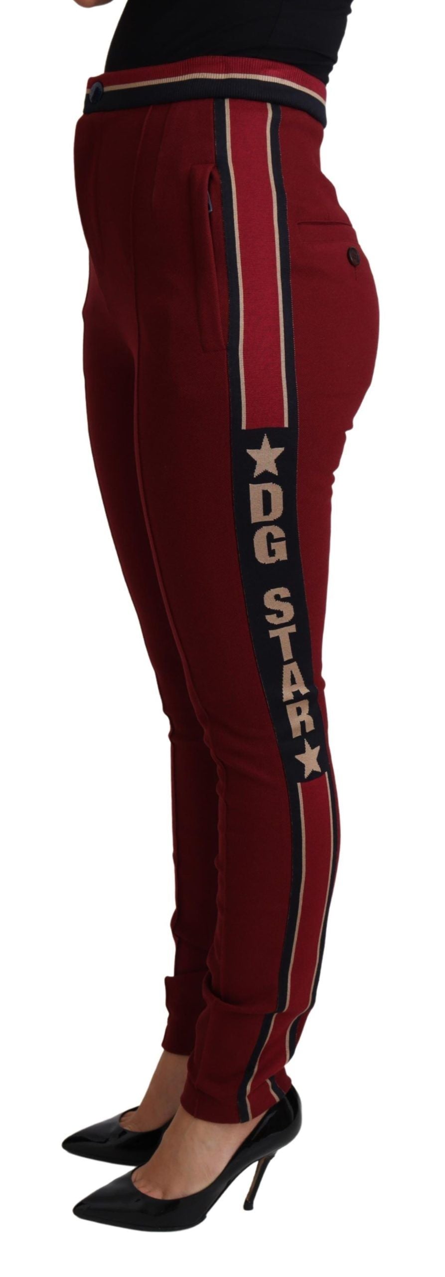 Red Dolce & Gabbana DG Star striped skinny cotton pants with a fitted silhouette and star pattern design.