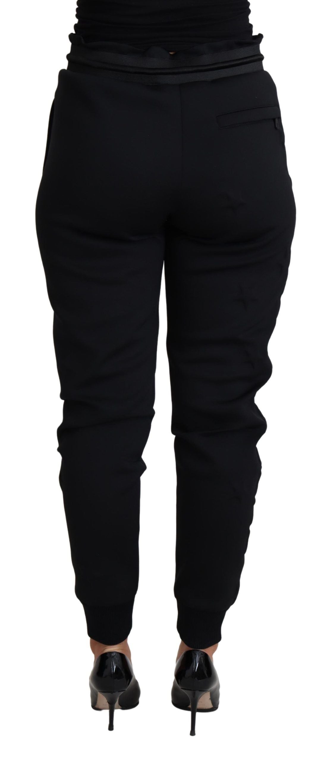 Black polyester neoprene jogger trousers by Dolce & Gabbana with a relaxed fit and elastic waistband.