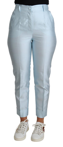 Light blue silk cropped tapered trouser pants by Dolce & Gabbana, with a smooth fabric finish and tailored fit.